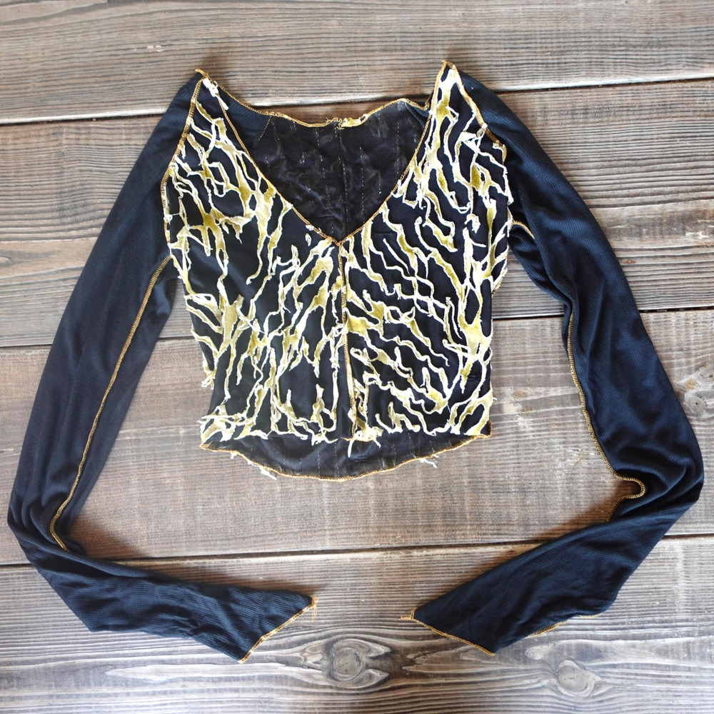 Y2K‎ Top Small Forest Fairy Grunge Black Sheer Mesh Velvet Burnout Textured Crop